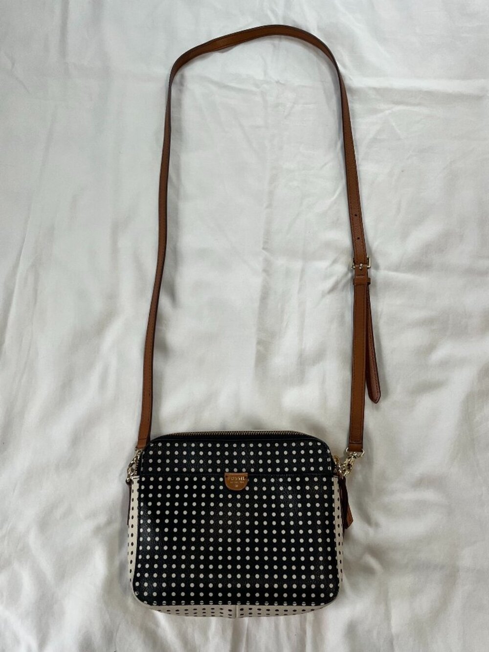Fossil Sydney Crossbody Bag Featuring Black And White Polka Dot Pattern
